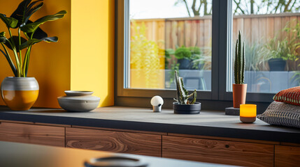 Serene zen interiors composition with minimal furniture and vibrant accents. Modern interior design composition.