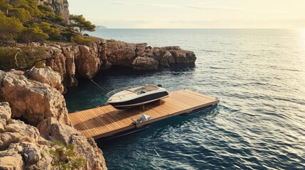 cinematographic, professional luxury real estate photography, wooden dock deck down of a cliff in Ibiza, tender boat at the deck,