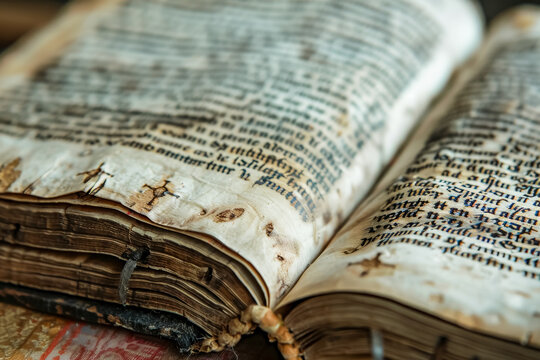 Close-up of a gospel manuscript, showcasing intricate details and faded pages