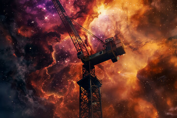 Intriguing close-up shot of a crane framed against a backdrop of a magical nebula - obrazy, fototapety, plakaty