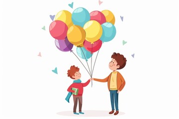 An illustration depicting a teacher with a big smile receiving a vibrant bouquet of colorful balloons as a gift.