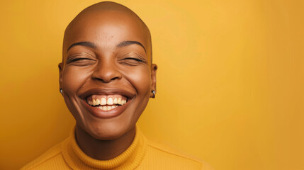 A woman with a shaved head is smiling and has her teeth showing - Powered by Adobe