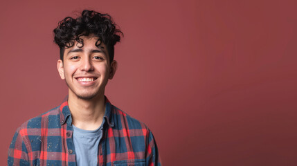 Fototapeta premium A man with curly hair is smiling and wearing a plaid shirt