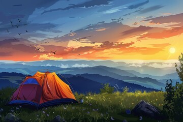 Experience the tranquility of camping in a tent pitched on a grassy mountain meadow as the sun sets in a breathtaking display of colors.