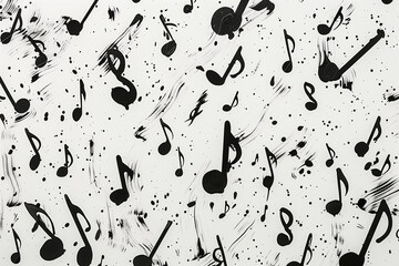 Arrange various black musical notes in a harmonious layout on a plain white canvas, symbolizing the...