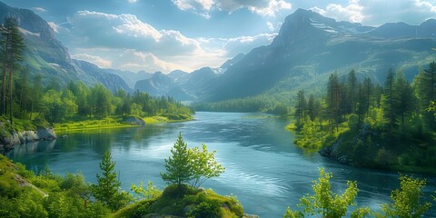 Idyllic Mountain River Landscape with Lush Greenery and Sunlit Peaks
