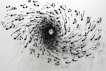 Visualize sound waves as black musical notes emanating from a central point on a plain white...