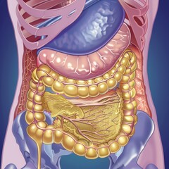 A closeup illustration of the pancreas in an adult human body, highlighting its location and structure within the stomach area. - obrazy, fototapety, plakaty