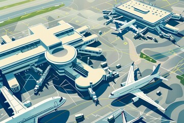 An exhilarating aerial view of a bustling airport with planes gracefully taking off and landing, showcasing the vibrant energy of air travel.