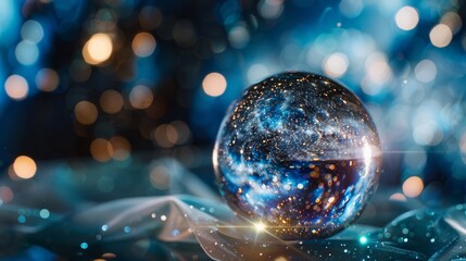 A close-up shot of a crystal ball reflecting a starry night sky, with the stars swirling and pulsating with energy.