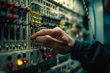 Electrical Panel Repair, Electrician Switching off Circuit Breakers in Fuse Box, Hands Closeup