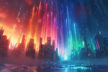 Design a futuristic cityscape illuminated by the colors of a frozen rainbow hovering overhead