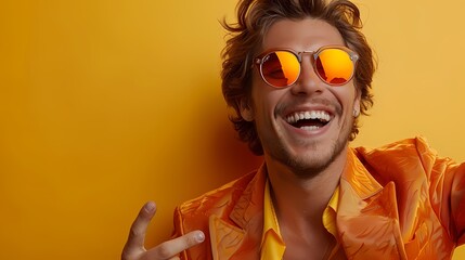 A cheerful and lively young man dressed in a trendy yellow suit and stylish sunglasses, expressing his happiness through energetic dance moves, isolated on a vibrant yellow background.