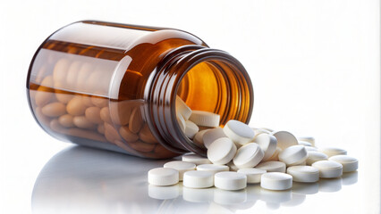 A tipped brown bottle spilling pills, symbolizing pharmaceutical care, health supplements, and medication. Represents modern healthcare, treatment solutions, and wellness in a professional design
