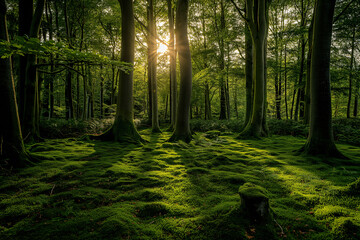 The serene and enchanting beauty of an ancient enchanted forest at sunrise with lush green moss....