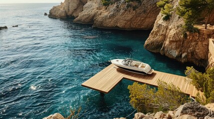 cinematographic, professional luxury real estate photography, wooden dock deck down of a cliff in...