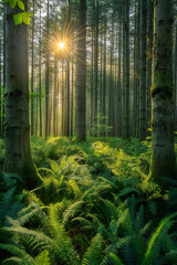 Lush green forest floor covered in moss, illuminated by soft sunbeams filtering through the dense...