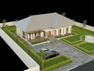 3D rendering One story contemporary house of Thai style with parking and natural scenery background.