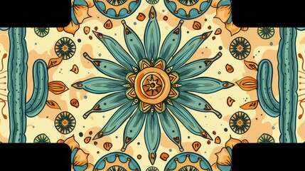 A vibrant desert inspired mandala with cacti and citrus motifs