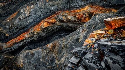 Closeup image of earth and stone textures at an open pit mine, focusing on the stratification and material composition, close-up