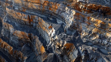 Closeup view of textured rocks and earth layers at an open pit mine, showcasing geological details, close-up