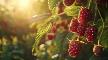 A cluster of ripe raspberries glistening in the sunlight, hanging from the branches of a raspberry...