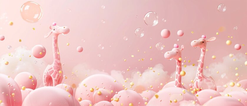 image. 3D rendered pink giraffe background with pink and yellow circle bubbles. It can mean celebration. pink background. Generative AI