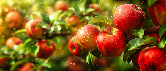 Obraz premium Sunlit Apple Trees in Orchard, Ripe Red Apples on Branches, Fresh and Organic Harvest in Nature