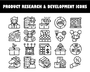 Icon product research and development vector outline illustration set