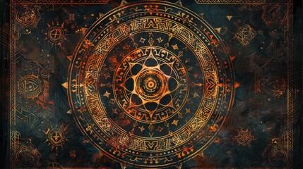 Enigmatic ancient symbols within a mystical astral wheel