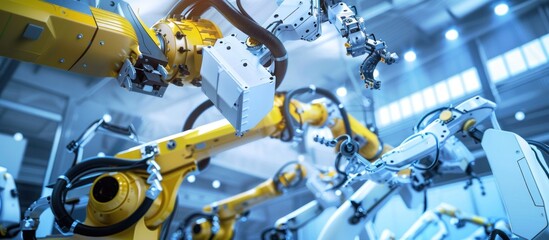 Fototapeta premium Industrial Robot Arm for assembly in modern factory production. Artificial intelligence concept