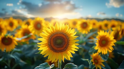 Fototapeta premium A field of illuminating yellow sunflower blossoms, vividly contrasted against a deep blue sky, evoking a sense of freshness and energy.