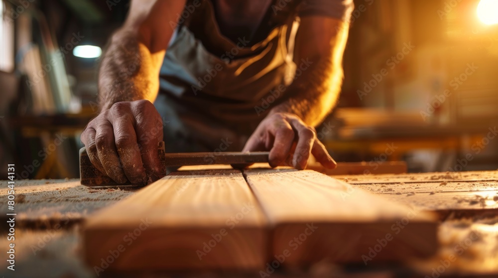 Wall mural close up man owner a small furniture business is preparing wood for production. carpenter male is ad