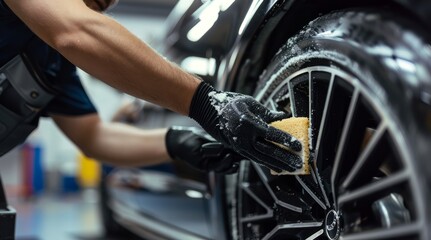 Obraz premium A Close-Up of an Unrecognizable Man in Black Gloves Cleaning Car Tires