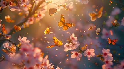 A swarm of butterflies fluttering around a flowering cherry blossom tree, sipping nectar from its delicate blooms