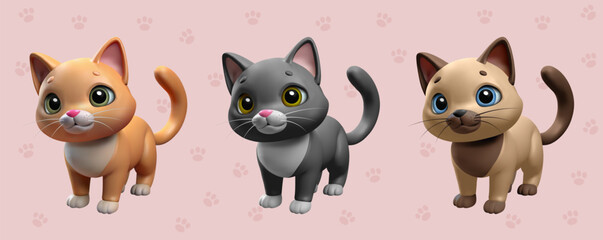 3D Cartoon Cat. Three-dimensional figures of cute pet cats of different colors. A fully vector mesh created with gradients