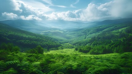 Fototapeta premium A panoramic view of a landscape filled with mint green ferns and airy foliage, portraying a vast and tranquil natural setting.