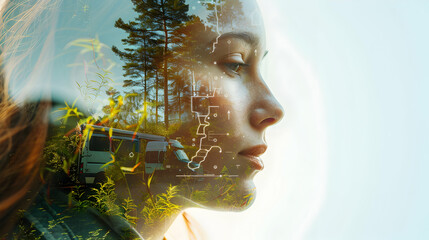 Cute Business Women Double Exposure with Eco-Driven Delivery and Nature Theme
