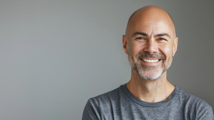 A man with a bald head and a gray beard is smiling and wearing a gray shirt