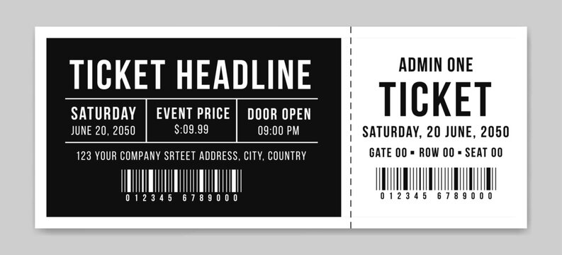 Simple classical ticket, black and white colors vector illustration