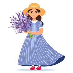 Girl in straw hat with bouquet of lavender on white background