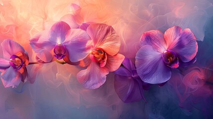 A vibrant display of amethyst orchid petals abstractly painted against a soft, pastel background, evoking a sense of calm and beauty.