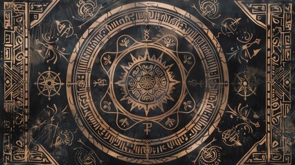 Mystical ancient symbols in a circular pattern on a dark backdrop