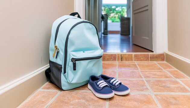 A child's backpack and shoes are organized neatly in the entryway ready for school day.