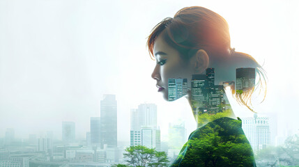 Cute Business Women Double Exposure with Future Flourish: A Card Featuring a Futuristic Cityscape Powered by Green Energy, Symbolizing a Zero Carbon Future, in Business Double Exposure with Natural Th