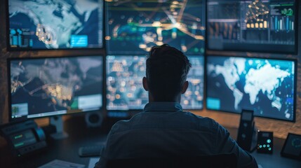 A man sits at a desk, monitoring multiple monitors in his secure home office