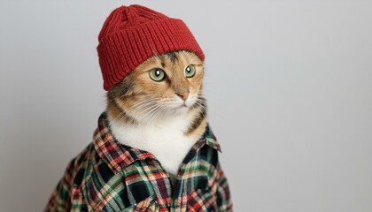 A cute animal image of a cat dressed in a knitted red hat and matching flannel shirt posing for a portrait in a studio.