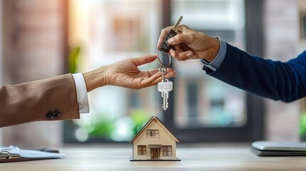 Handing over keys in a real estate deal with a model house on the table.