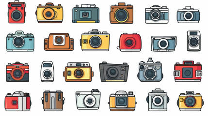 Set of different photo cameras. Hand drawn colorful