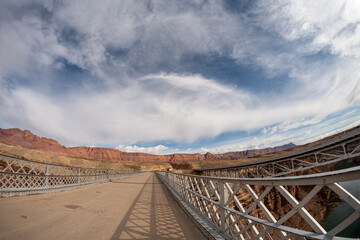 Navajo Bridges - Twin bridge spans the Colorado River over Marble Canyon near Page Arizona. Fisheye...